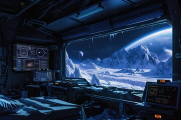 Naklejka premium Galactic Hideaway: Nighttime Exploration in the Outpost