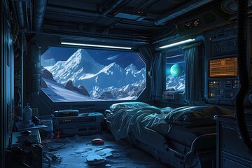 Astronaut's Retreat: Nighttime in the Extraterrestrial Habitat - obrazy, fototapety, plakaty