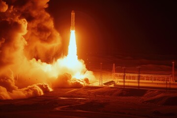 Fiery Departure: Satellite Rockets Into Orbit - obrazy, fototapety, plakaty