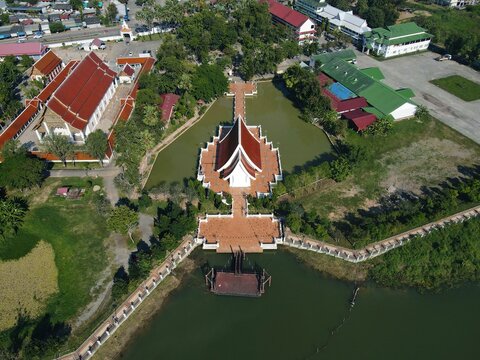 Aerial view of the Wat Si Khom Kham Floating temple and Phayao Lake in Thailand