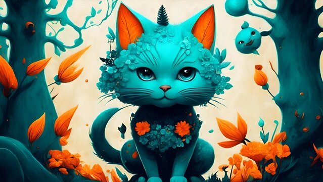 fantastic turquoise cat in flowers on a background of trees with yellow leaves, The concept of a banner for congratulations on the Autumn holidays Halloween