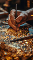 Closeup of a goldsmith crafting a delicate piece of jewelry, with tools and tiny gold pieces laid out on a polished workbench