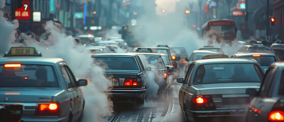 Exhaust fumes enveloping a congested city street, with cars and buses stuck in traffic, the air hazy and visibility low