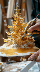 Shimmering gold leaf being carefully applied to a sculpture, the delicate process shown in a welllit artists studio