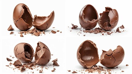 Collection of chocolate eggs in broken form on a white background