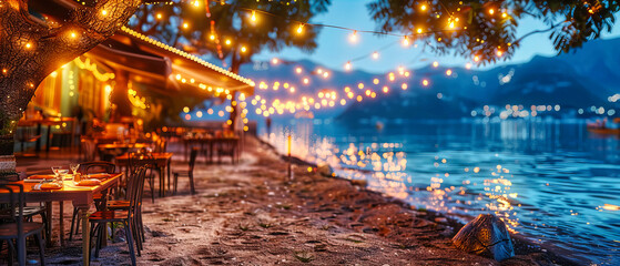 Festive Outdoor Party Lights, Summer Night Celebration, Beachside Event, Warm and Inviting Atmosphere, Vintage Decoration - obrazy, fototapety, plakaty