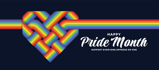 Happy pride month - Rainbow pride woven ribbon hearts sign on dark background vector design - obrazy, fototapety, plakaty