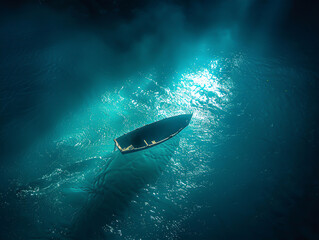 The dark outline of a boat drifting through a glowing sea, surrounded by light created by bioluminescent algae