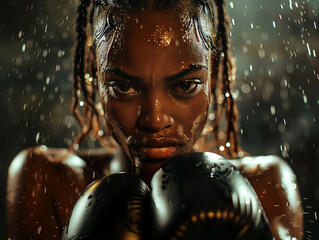 The intensity of a female boxer, gloves up in defense, muscles taut, in the gloom of a dimly lit ring