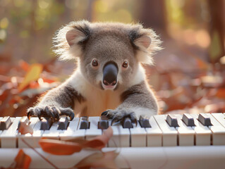 The delicate fingers of a koala gently pressing on the keys, in a realistic setting with a soft, neutral background