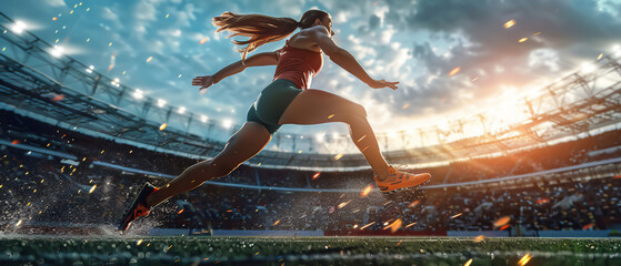 The powerful leap of a female track athlete midhurdle, muscles defined, with a shadowed stadium atmosphere behind her