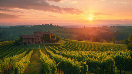 Sunset over the lush vineyards of the scenic Tuscan countryside in Italy.