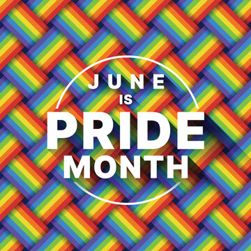 June is pride month - Text in line circle on Rainbow pride flag cross texture background vector design