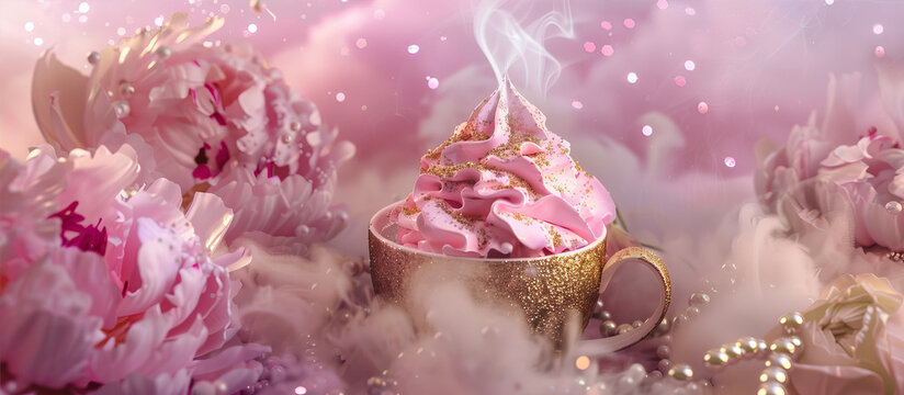 pink hot chocolate with pink whipped cream in white cup, golden glitter and pearls around, pink peonies, pink background, smoke coming out of the top of mug,