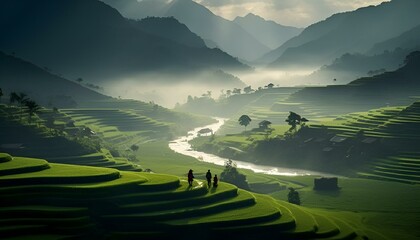 AI generated illustration of people walking across the terraced landscape with picturesque mountains
