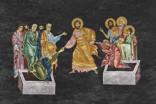 Christian traditional image of Easter. Religious illustration on black stone wall background in Byzantine style