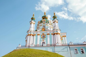 Fototapeta na wymiar Low-angle shot of the St Andrew's Church is an Orthodox church in Kyiv