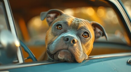AI generated illustration of a pit bull terrier peering out of an open window of a car - obrazy, fototapety, plakaty