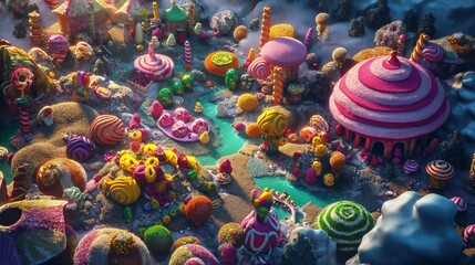 the scene in cloudy world with lots of candy and candiries - obrazy, fototapety, plakaty