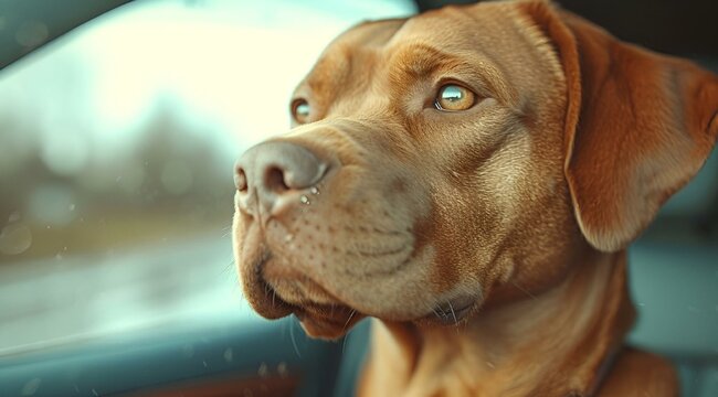AI generated illustration of a brown Dogue de Bordeaux dog peering out of a car window