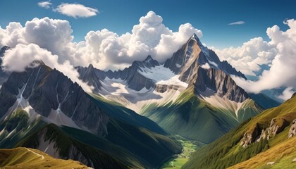 A breathtaking view of sharp mountain peaks towering over vibrant green valleys, amidst fluffy white clouds. AI Generation - Powered by Adobe