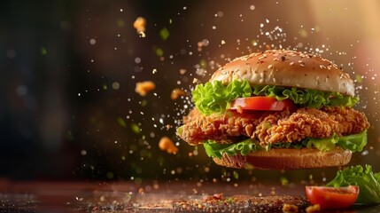 Fresh crispy fried chicken burger sandwich with flying ingredients and spices hot ready to serve.