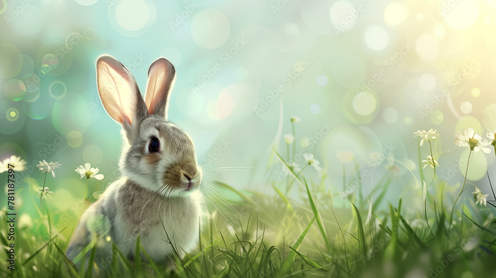 Wall mural Cute rabbit on grass background with copy space. - Wall murals