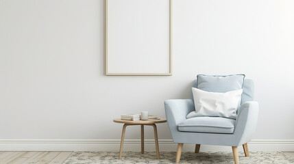 wooden frame hanging on a white wall in a room with a blue sofa
