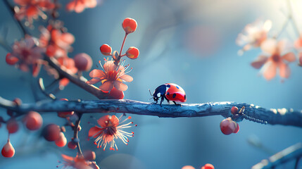 a ladybug on a branch - obrazy, fototapety, plakaty