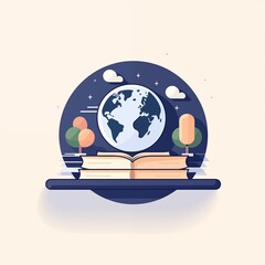 AI generated illustration of a book with globe on top, encircled by trees