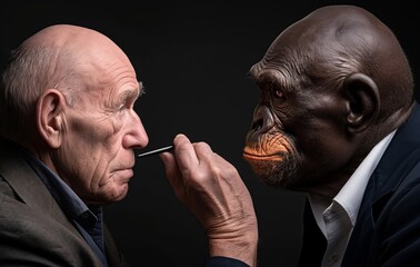 Surreal encounter between man and ape