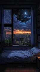 AI generated illustration of a nighttime bedroom wallpaper featuring a captivating cityscape