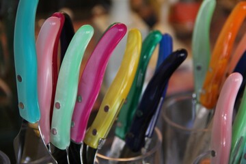 Colorful knife handles in transparent bowls - Powered by Adobe