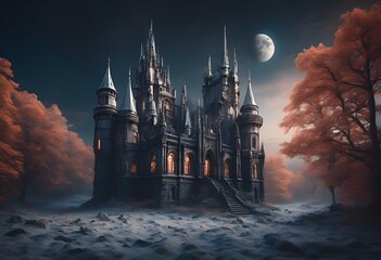AI generated illustration of a majestic castle adorned with multiple spires and a grand staircase - obrazy, fototapety, plakaty