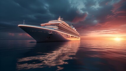a large cruise ship on a body of water at sunset