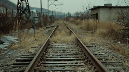 Fototapeta na wymiar Abandoned railway tracks in desolate landscape