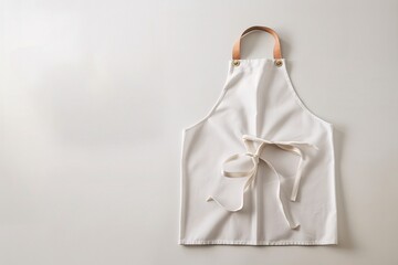 a white apron with a brown strap