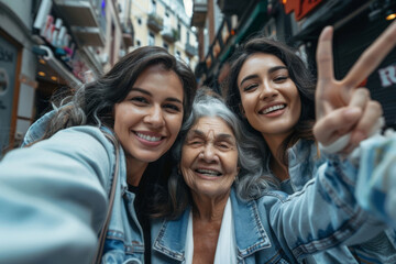 Three middle-aged women taking a selfie, smiling at camera outdoors - Aged friends taking selfie pic with smart mobile phone device - Life style concept with pensioners having fun together on holiday