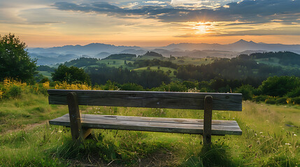 a wooden bench is overlooking a beautiful sunset.