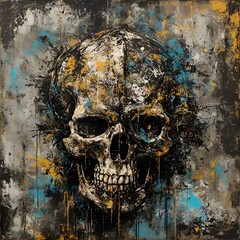 a painting of a skull and paint on the wall photo