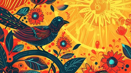 Poster Sinhala New Year Erythrina Fusca Flowers with black Asian koel bird and a sun, flat illustration, riso style © World of AI
