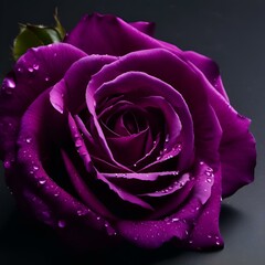 a purple rose that has drops of rain on it and some leaves
