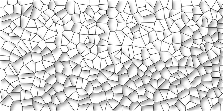 3D Abstract White Color Broken Stained-Glass Geometric Retro Tiles Pattern w Black Lines & Quartz Crystal Voronoi Diagram Background for Website, Fabric Printing, Brochures, Luxury/Premium Packaging