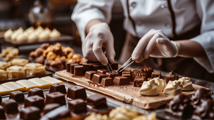 cropped shot of confectioner in white gloves cutting chocolate candies