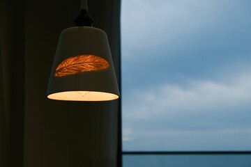 Closeupp shot of an indoor lamp with a leaf