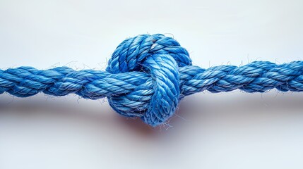 Fototapeta premium Blue rope with knot isolated on white background with shadow. Blue thick string with rope in the middle. Shoe lace string