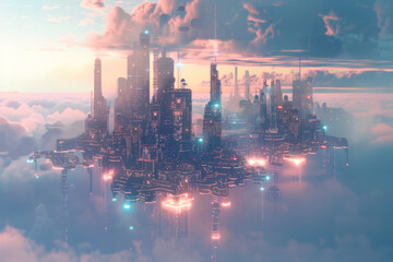 Fototapeta premium A metaverse city on clouds built on blockchain technology 