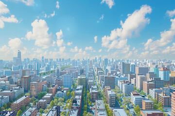 Fototapeta premium Aerial view of cityscape with high rise buildings under blue sky. Modern city downtown panorama