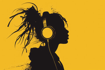 Silhouette of woman with headphones against vibrant yellow backdrop. Creative music background.