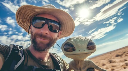 AI generated illustration of a young man wearing a hat taking a selfie with an alien - obrazy, fototapety, plakaty